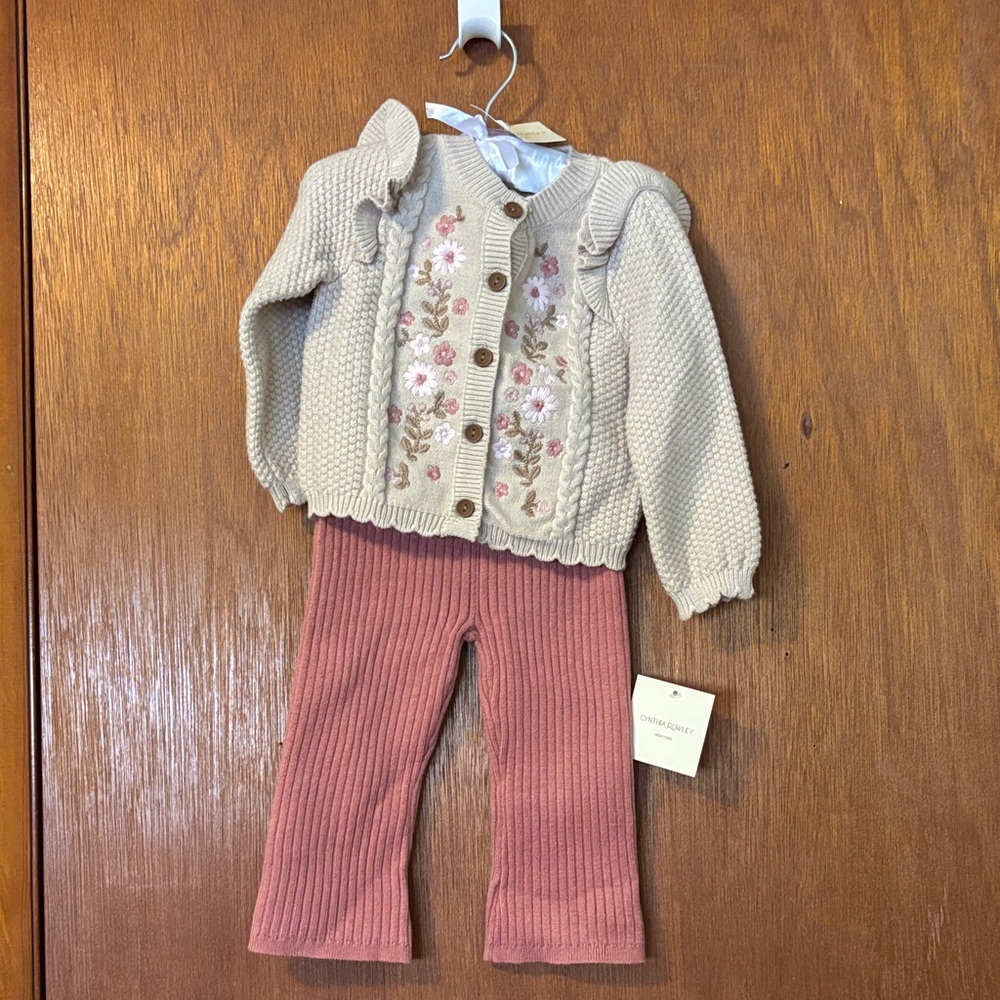Cynthia Rowley NWT -9mo Cream Knit Floral Cardigan & Dusty Rose Ribbed Pants Set